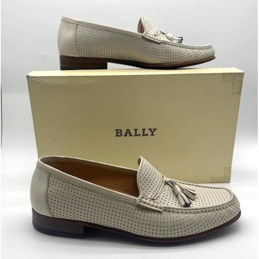 Bally Filgo Mens Perforated Kangaroo Leather Tassel Loafers Italy Cream 7.5 D